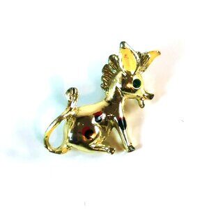 Vintage Gold-Tone Donkey Brooch With Green Rhinestone Eye Painted Red Polka Dots